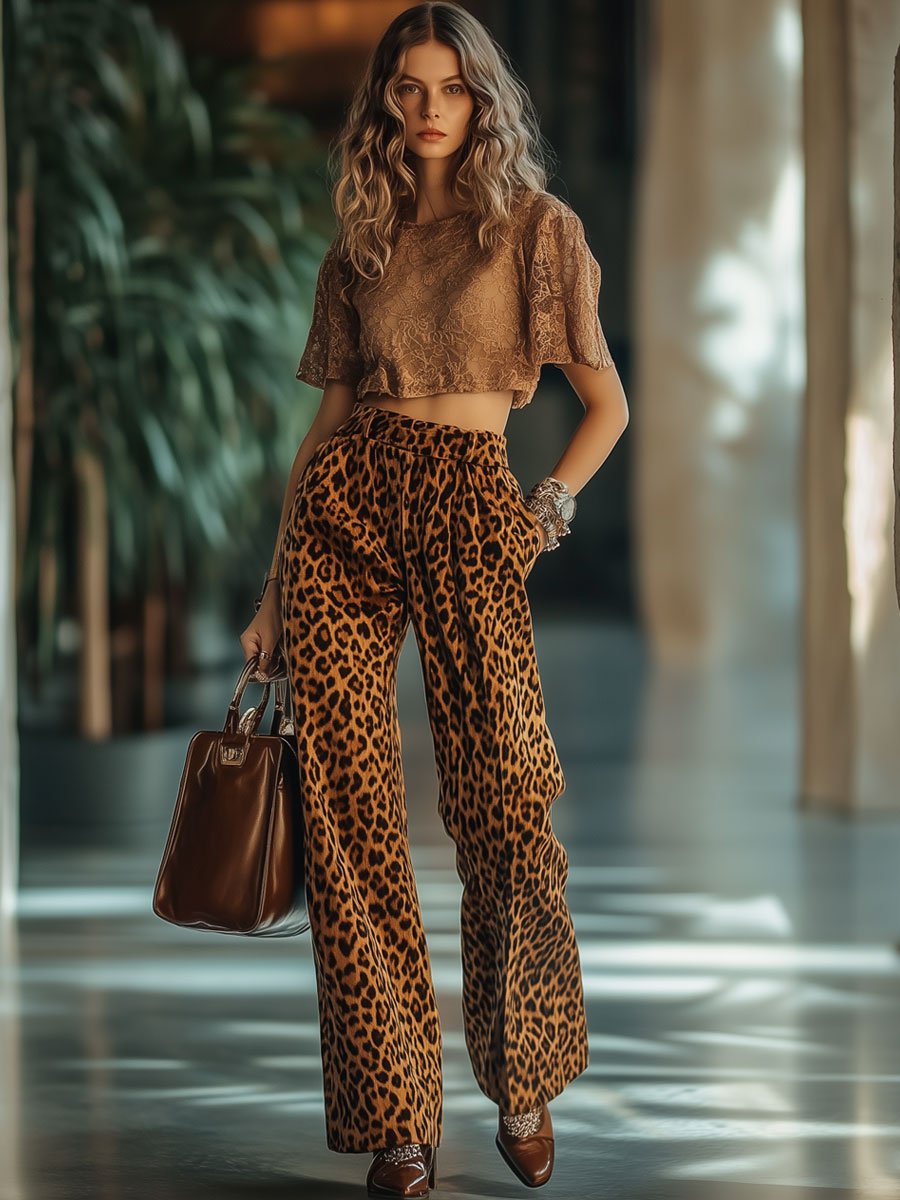 Casual Loose Vintage Velvet Leopard Print Pocket Elastic Waist Pants - By Qivii
