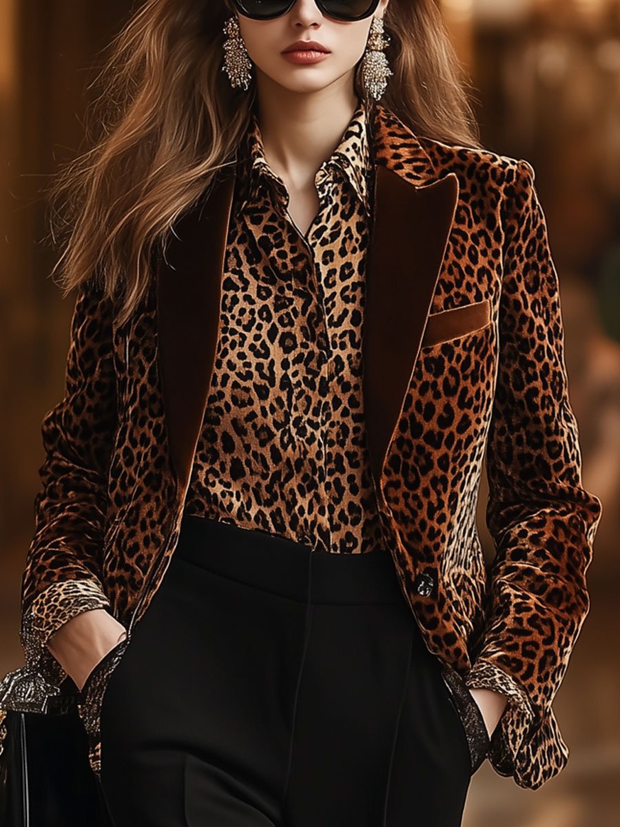 Casual Loose Retro Velvet Leopard Print Collar Blazer - By Qivii