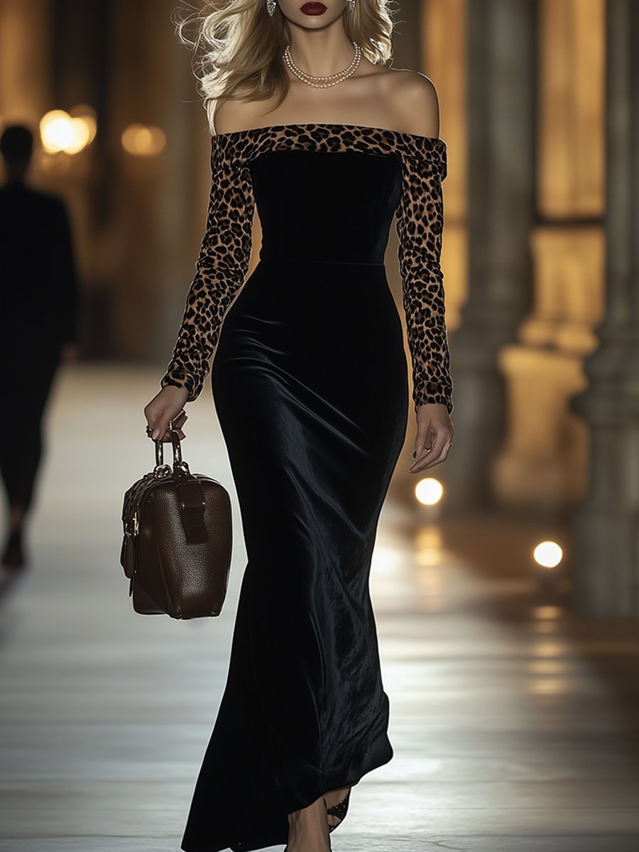 【24-hour shipping】Retro Elegant High-End One-Shoulder Leopard Print Velvet Dress - By Qivii