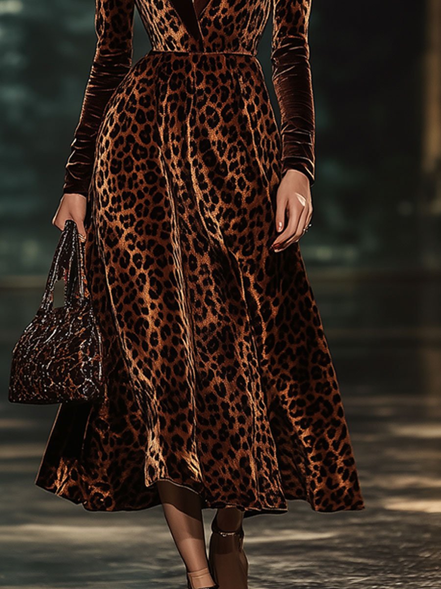 Lapel Fashion Party Leopard Print Velvet Long Sleeve Midi Dress - By Qivii