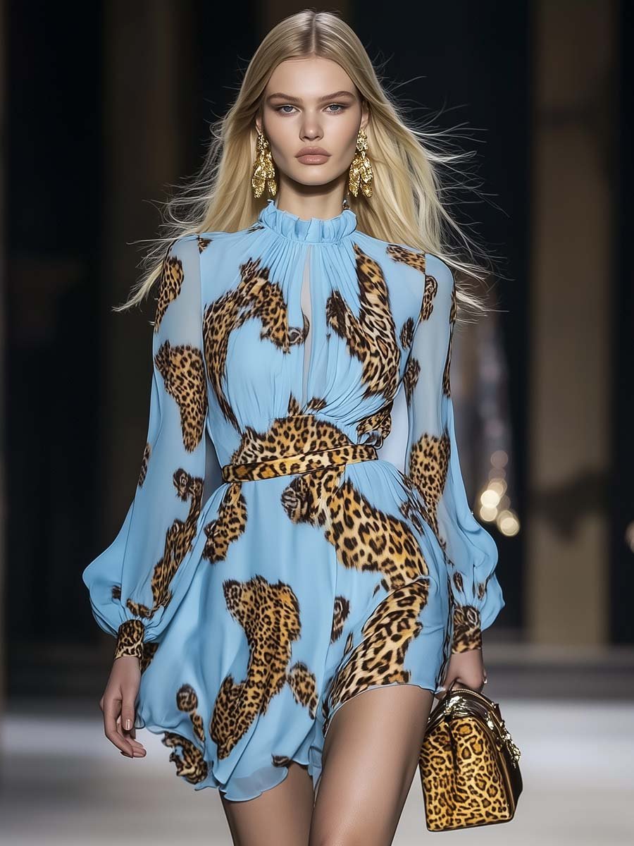 Elegant Personality Leopard Print Sky Blue Chiffon Mini Dress - By Qivii