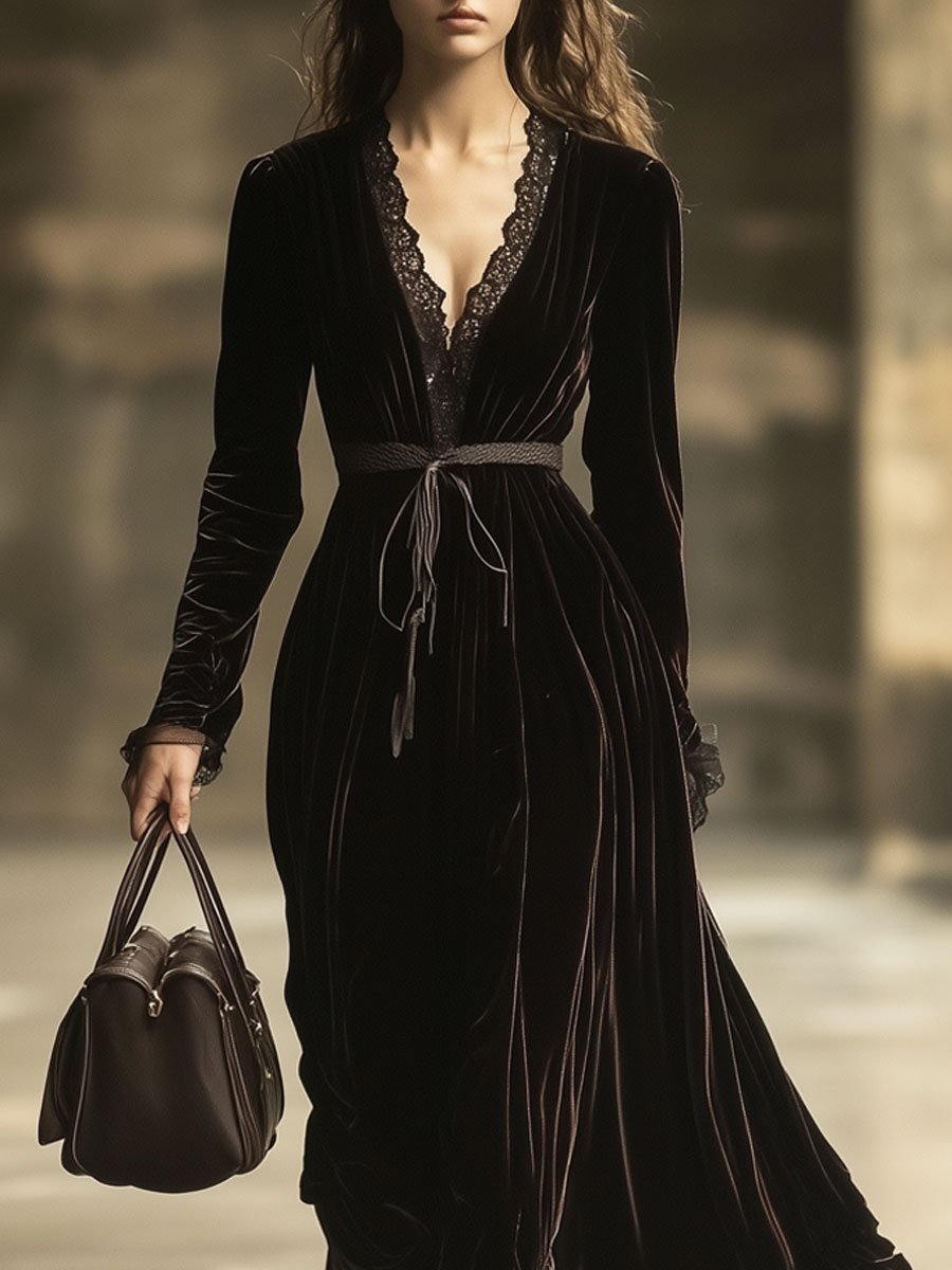 V-Neck Lace Panel Solid Velvet Long-Sleeved Maxi Dress - By Qivii