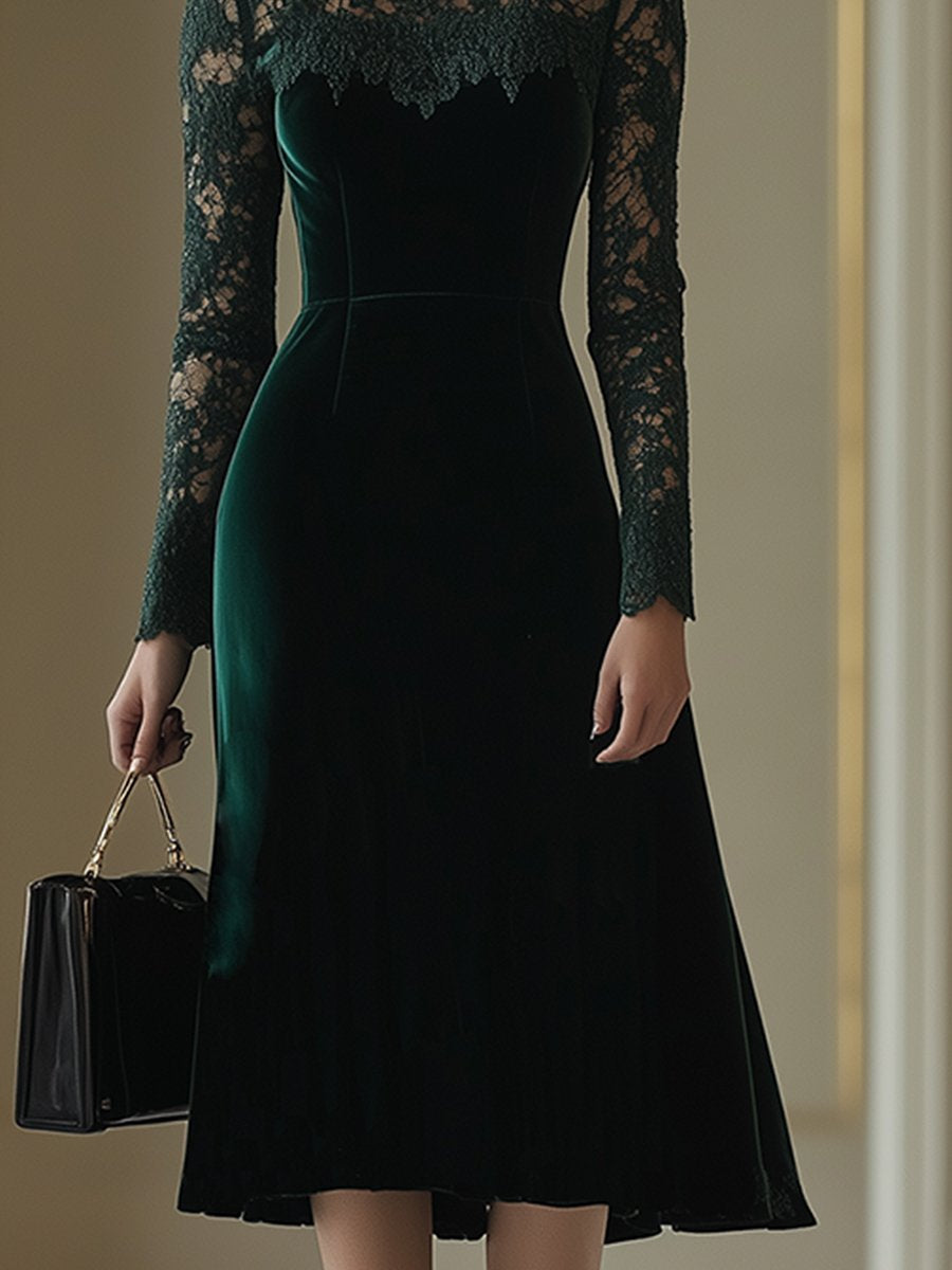 Elegant Retro Velvet Stitching Lace High Collar Long Sleeve Midi Dress - By Qivii