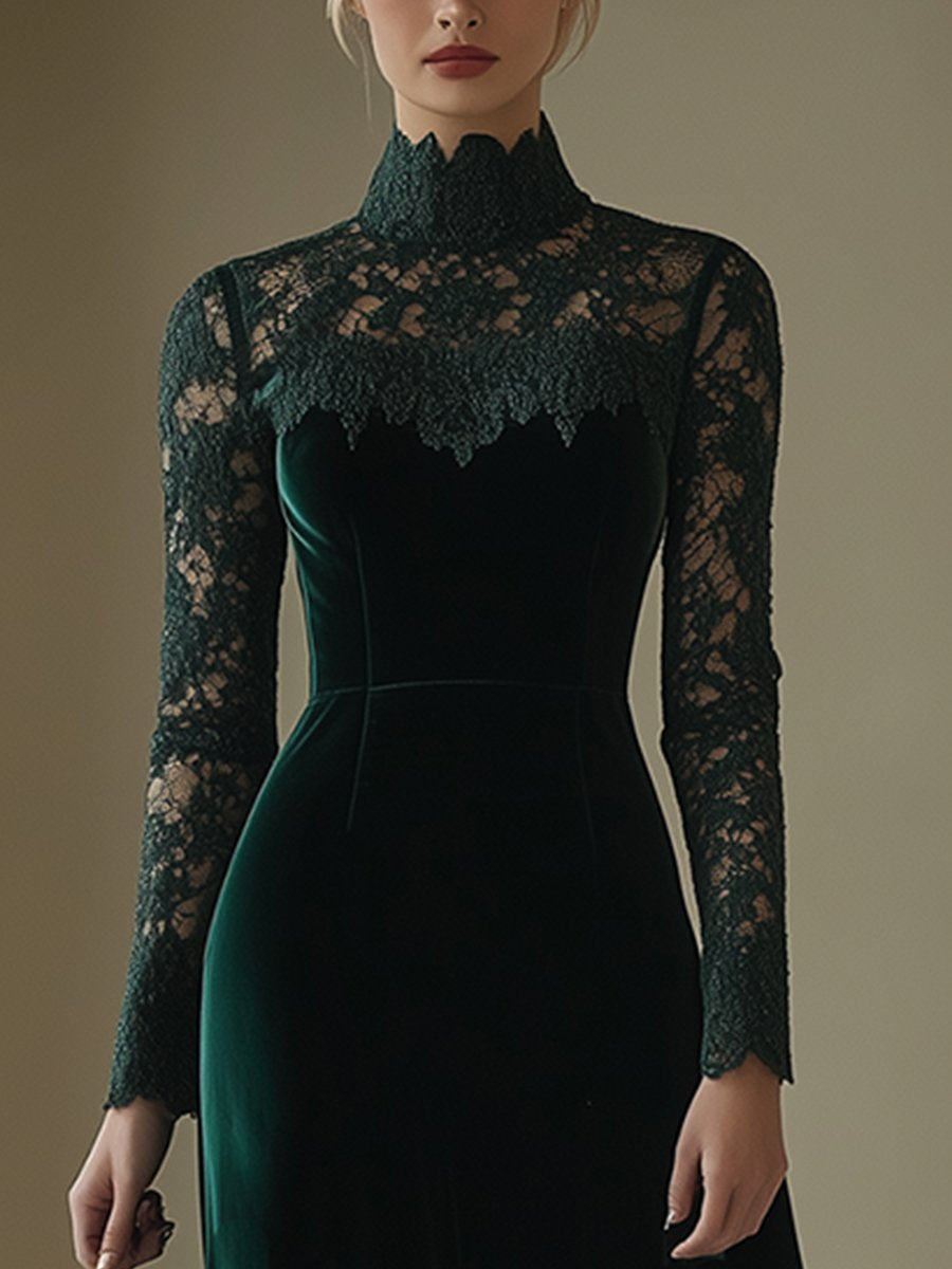 Elegant Retro Velvet Stitching Lace High Collar Long Sleeve Midi Dress - By Qivii