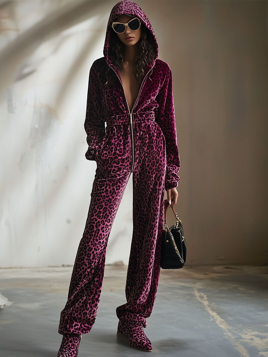 Casual Retro Purple Velvet Leopard Print Elastic Waist Zipper Hooded Jumpsuit - By Qivii