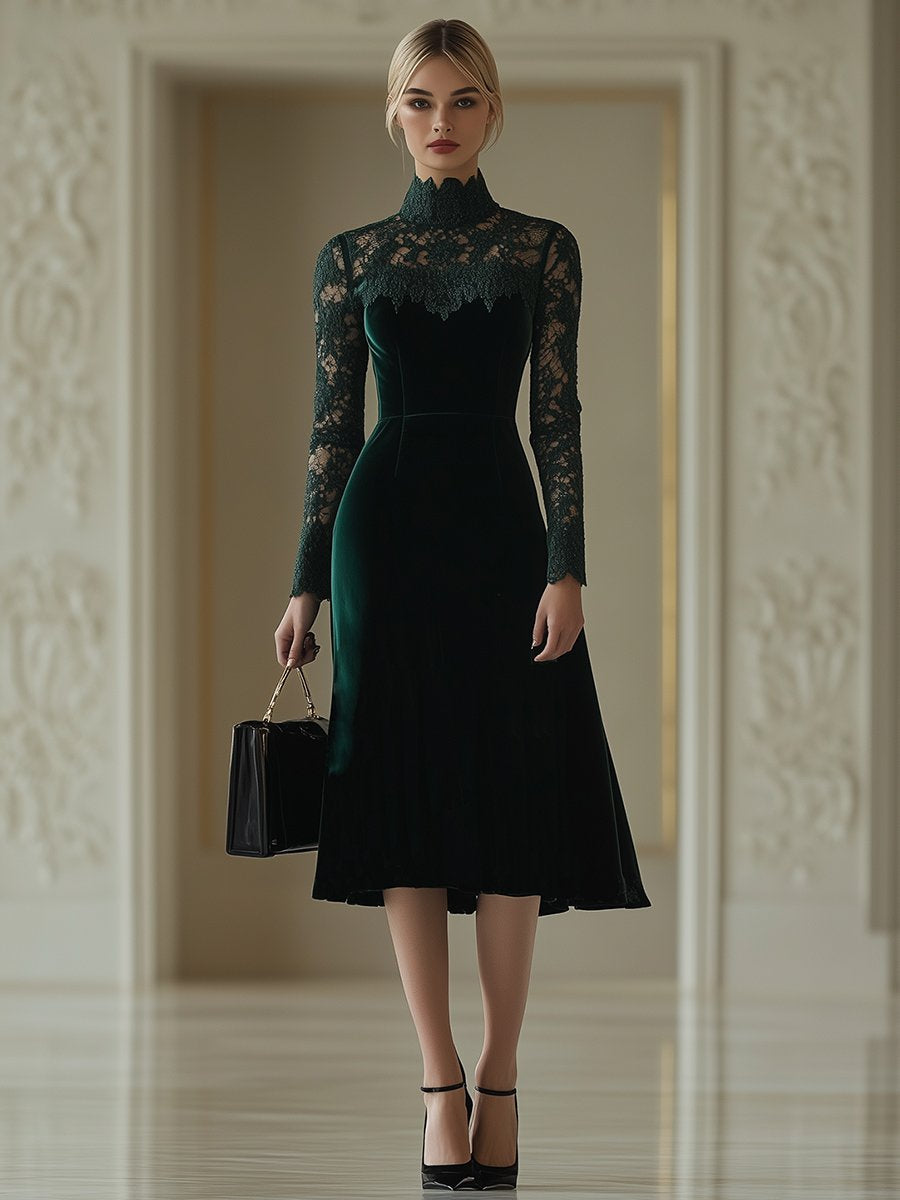 Elegant Retro Velvet Stitching Lace High Collar Long Sleeve Midi Dress - By Qivii