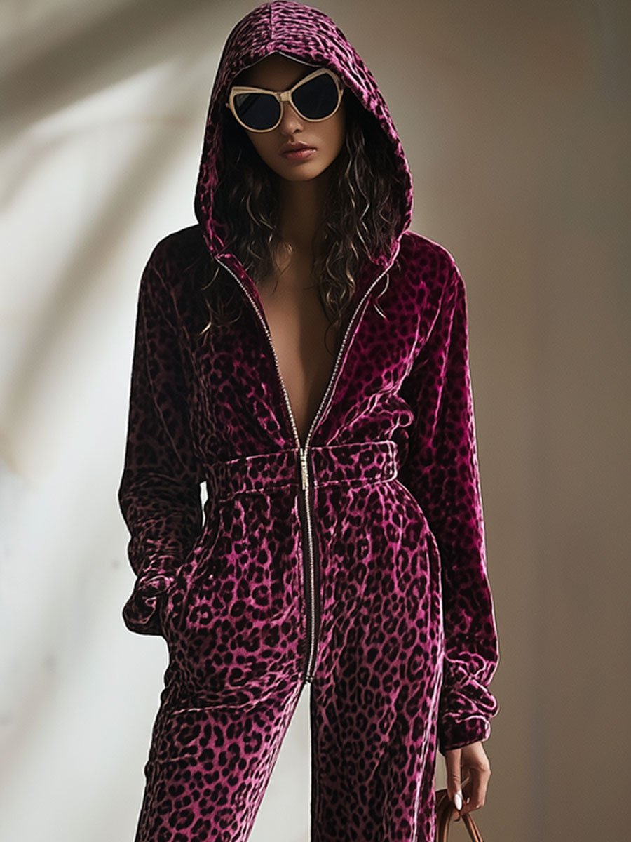 Casual Retro Purple Velvet Leopard Print Elastic Waist Zipper Hooded Jumpsuit - By Qivii