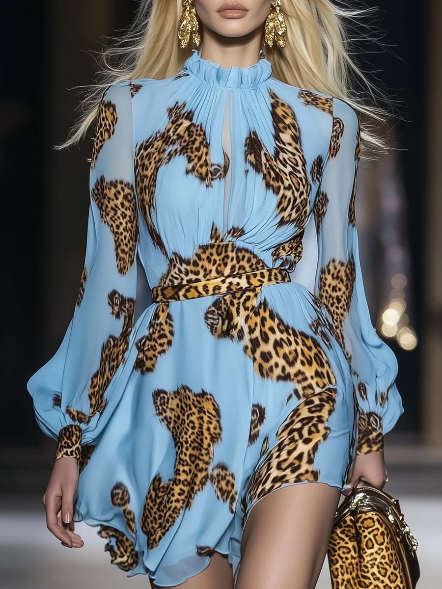 Elegant Personality Leopard Print Sky Blue Chiffon Mini Dress - By Qivii