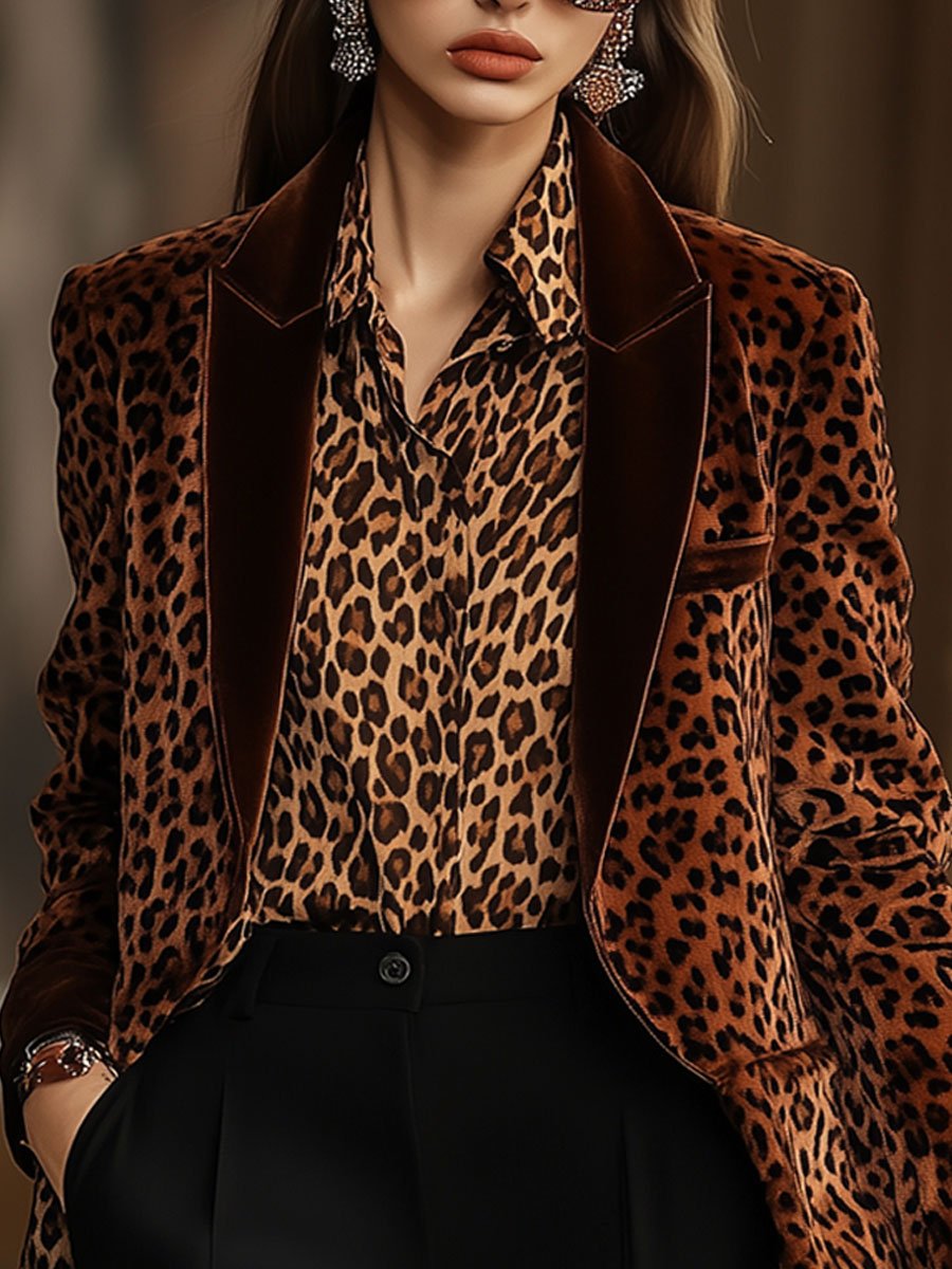 Casual Loose Retro Velvet Leopard Print Lapel Blazer - By Qivii