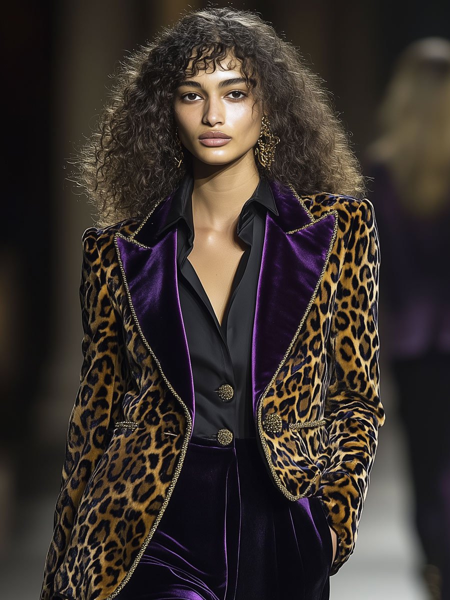 Casual Vintage Velvet Leopard Print Contrast Lapel Blazer - By Qivii
