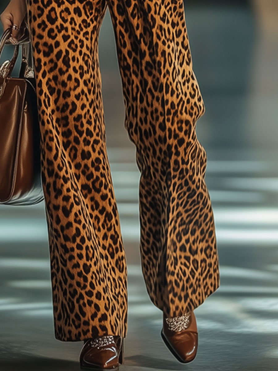 Casual Loose Vintage Velvet Leopard Print Pocket Elastic Waist Pants - By Qivii
