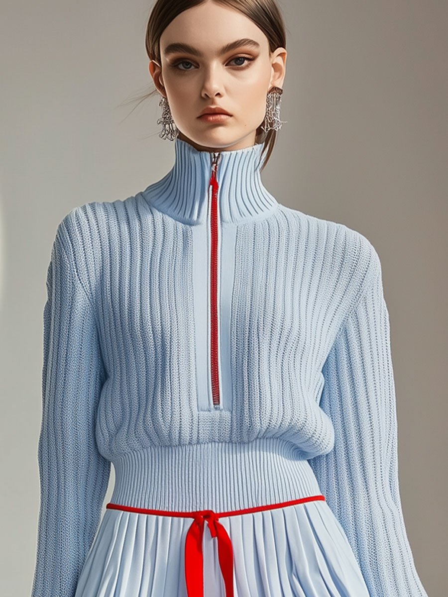 Casual Fashion Stand Collar Zipper Knitted Sweater Culotte Sports Set - By Qivii