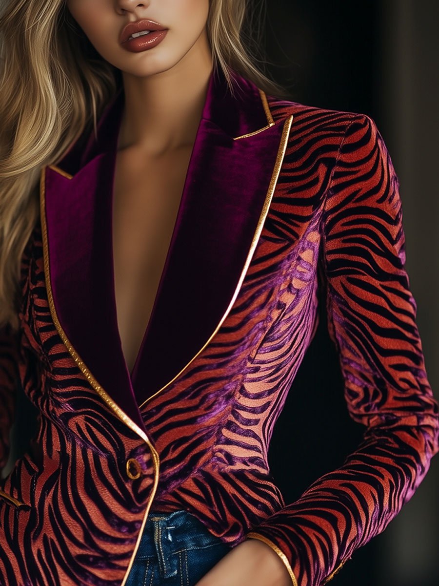 Casual Loose Vintage Velvet Zebra Pattern Gold Wire Striped Lapel Pocket Blazer - By Qivii