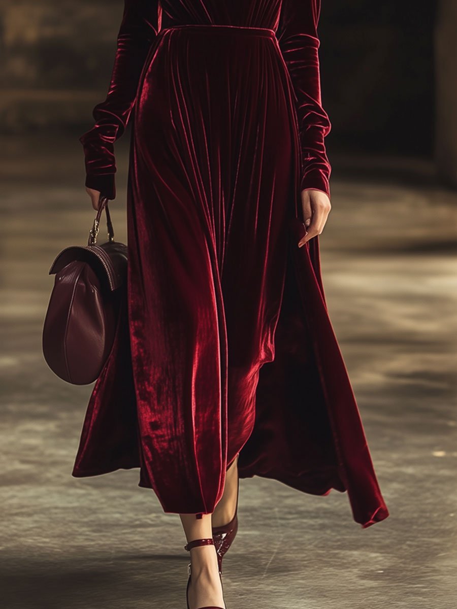 V-Neck Retro Solid Color Velvet Long-Sleeved Midi Dress - By Qivii