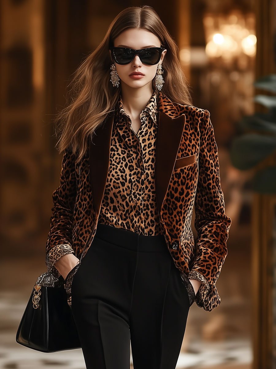 Casual Loose Retro Velvet Leopard Print Collar Blazer - By Qivii