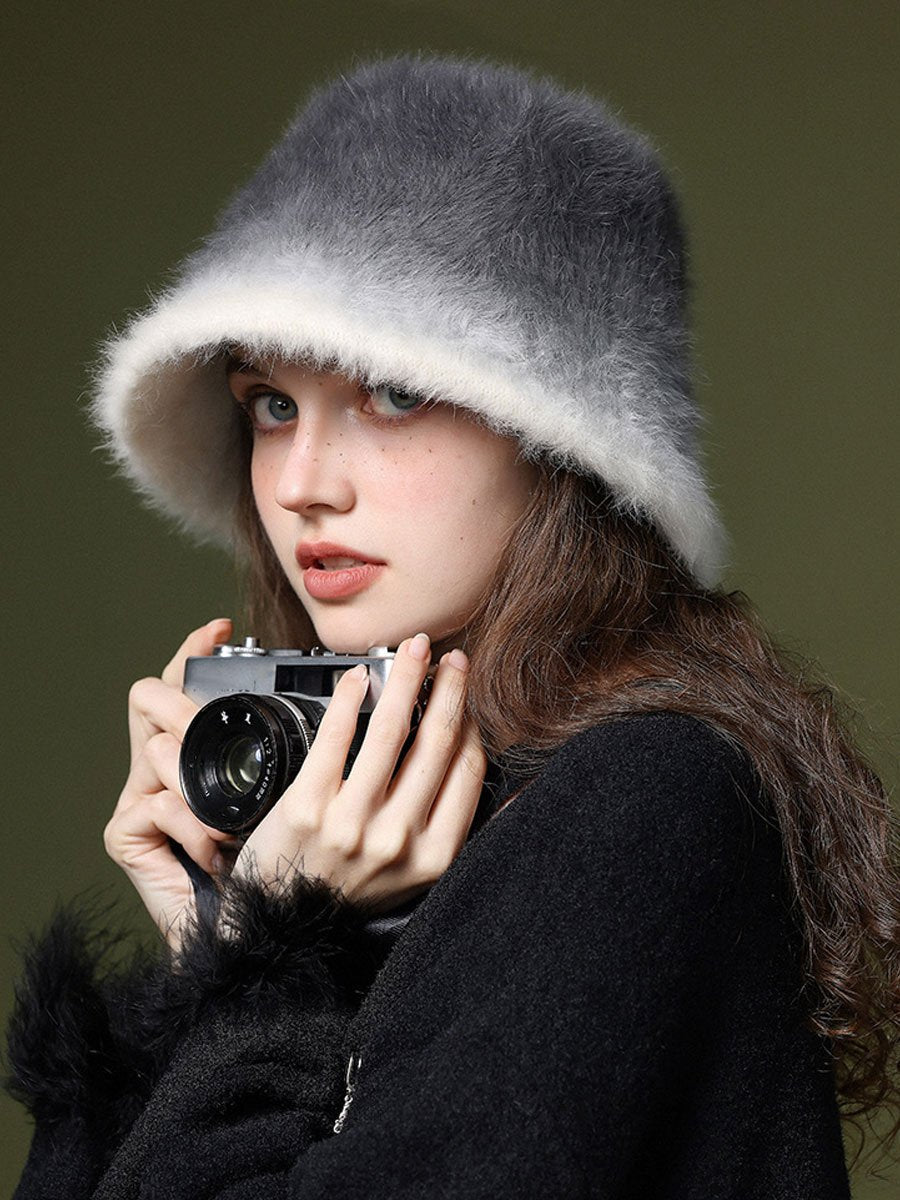 Winter Fashion Gradient Plush Rabbit Fur Warm Bucket Hat - By Qivii