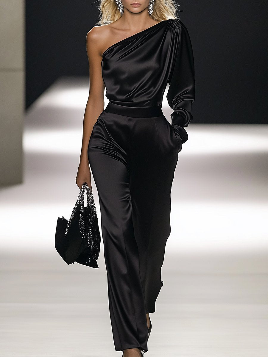 Elegant Off-the-shoulder Satin Long-sleeved Jumpsuit - By Qivii