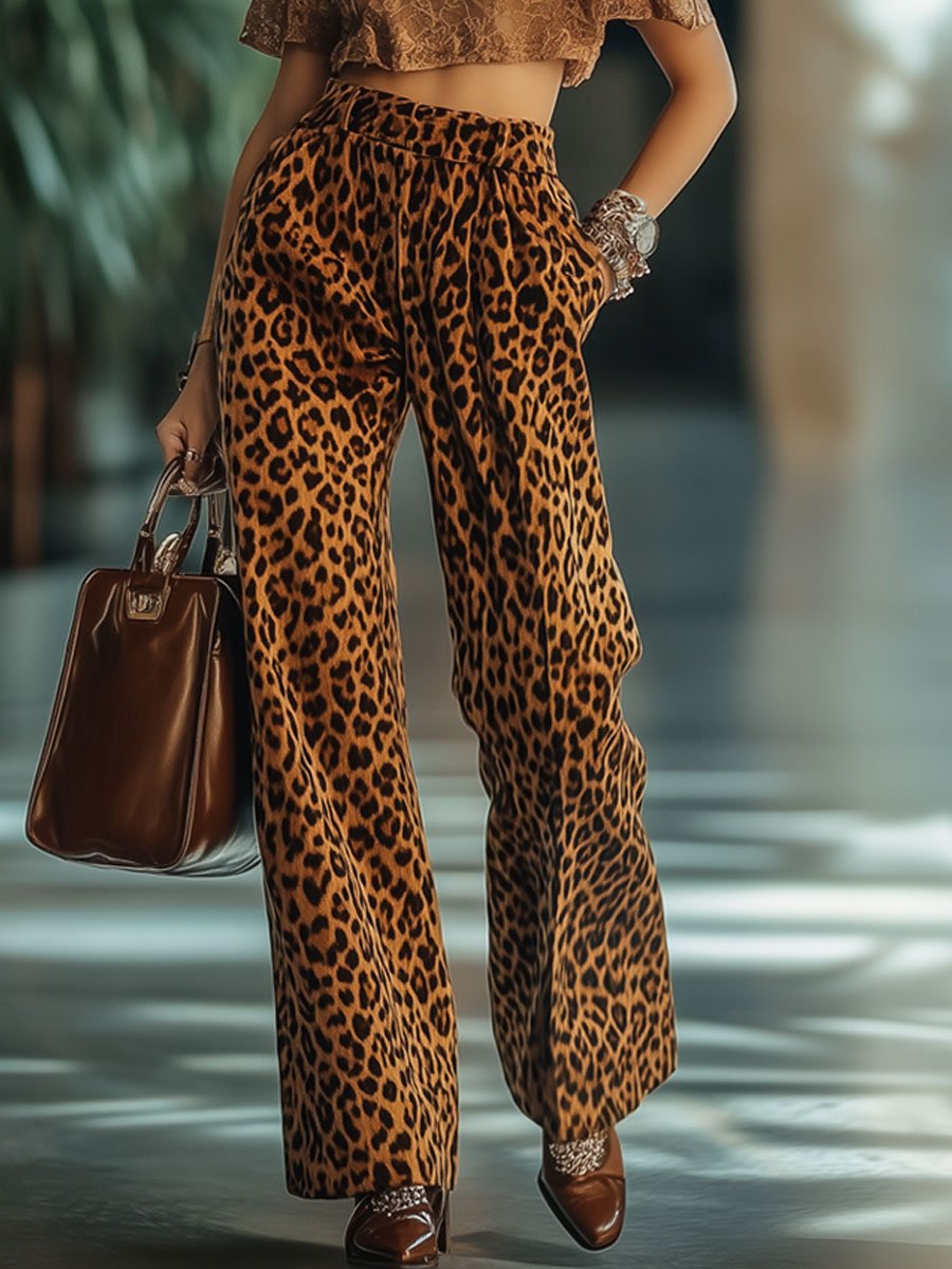 Casual Loose Vintage Velvet Leopard Print Pocket Elastic Waist Pants - By Qivii