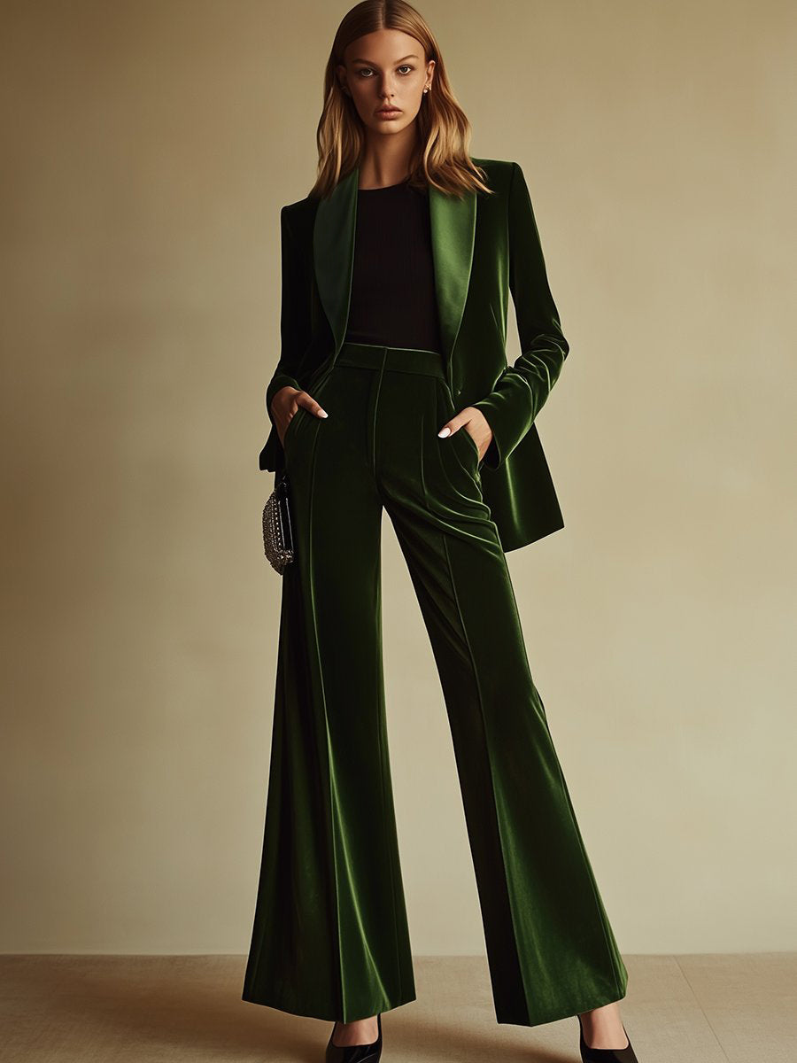 High-End Temperament Loose Retro Green Velvet Suit - By Qivii