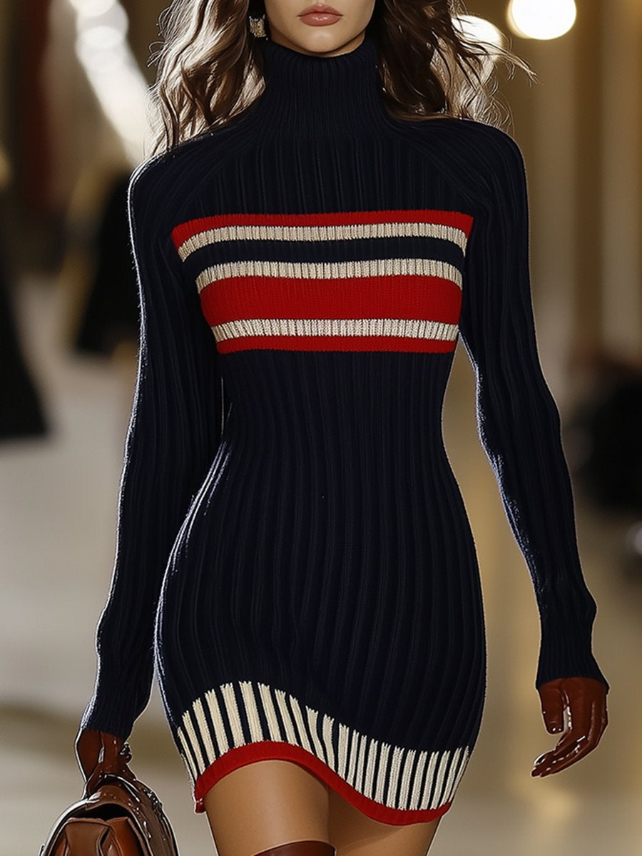 Retro French Elegant Fashionable High Collar Red And White Striped Dress - By Qivii