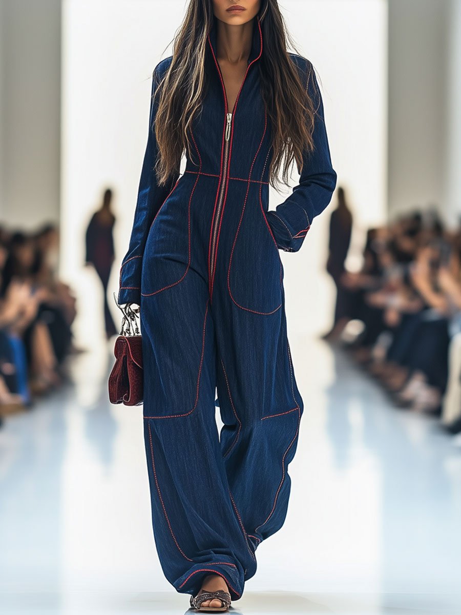 Casual Loose Retro Red Topstitched Denim Wide Leg Long Sleeve Jumpsuit - By Qivii