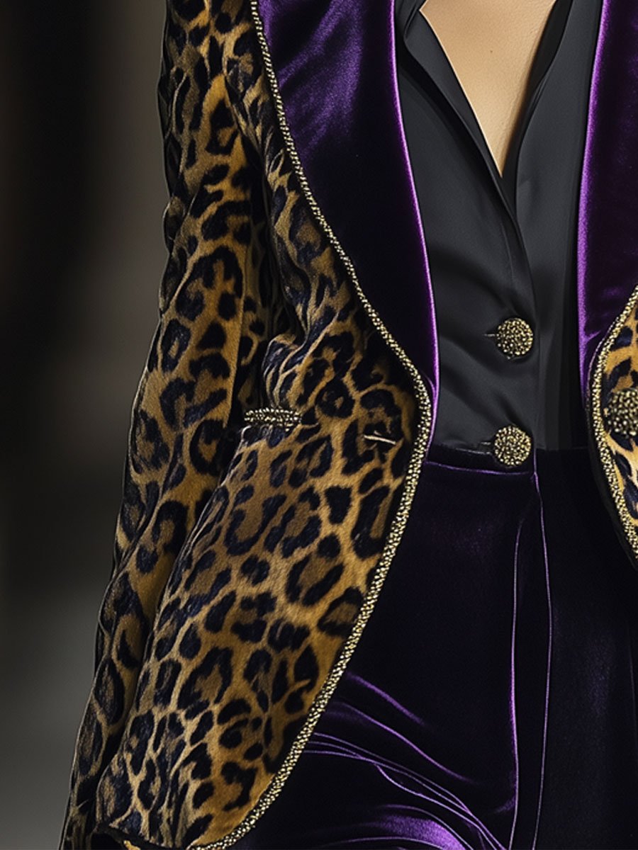 Casual Vintage Velvet Leopard Print Contrast Lapel Blazer - By Qivii