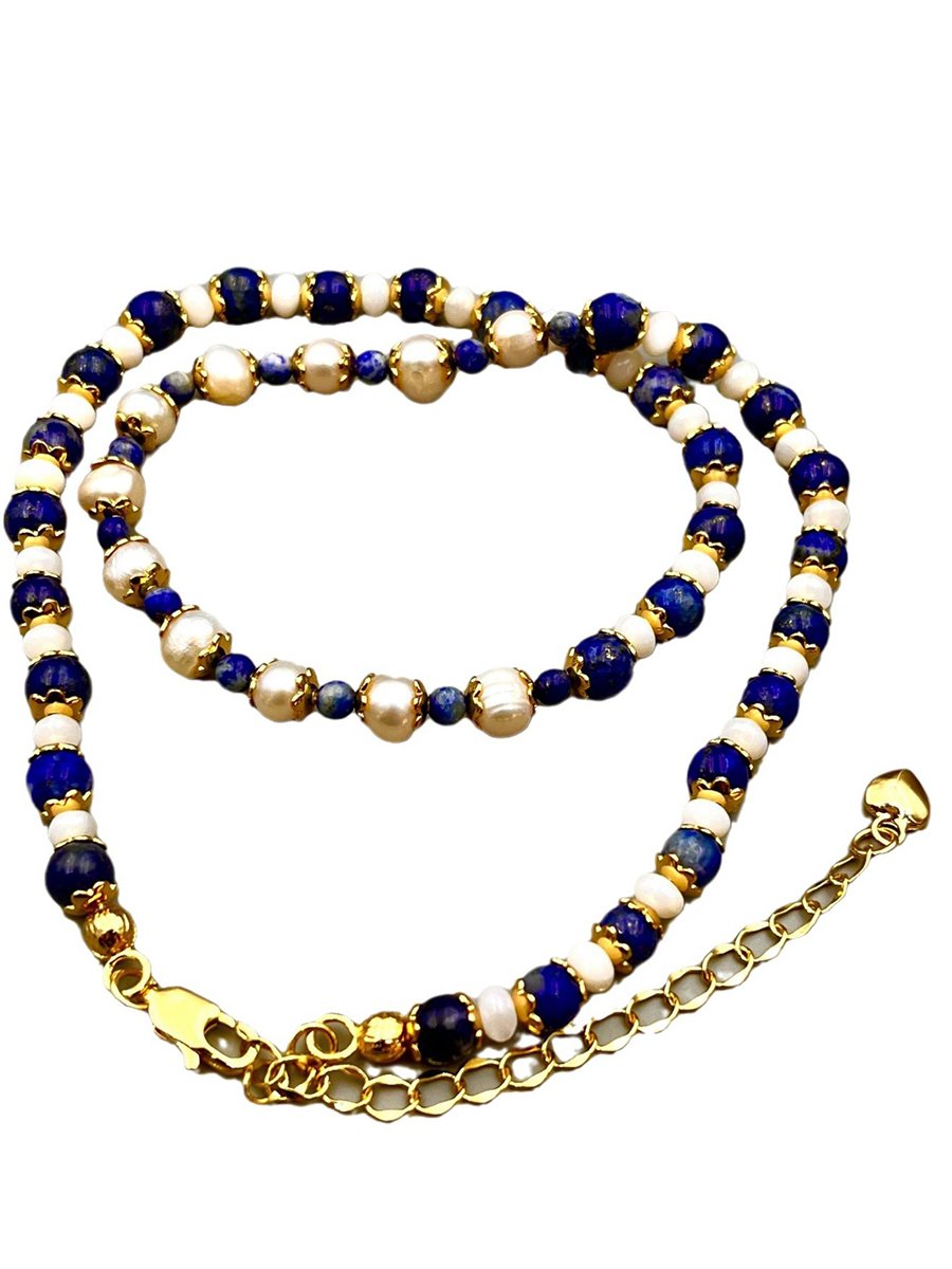 Vintage Natural Lapis Lazuli Pearl Fashion Necklace - By Qivii