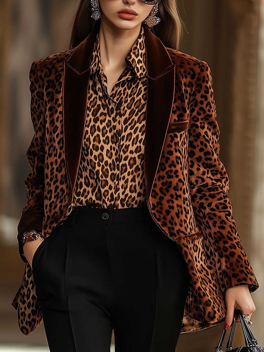 Casual Loose Retro Velvet Leopard Print Lapel Blazer - By Qivii