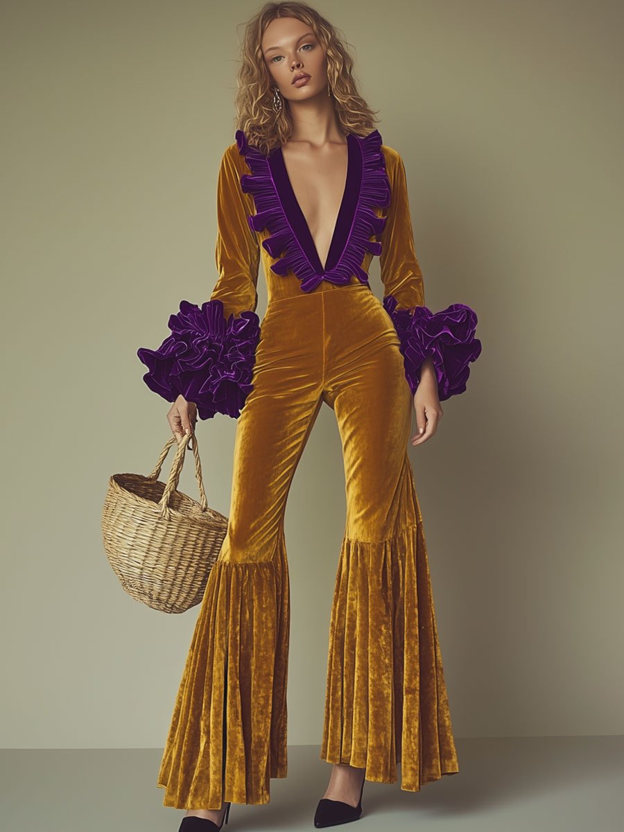 Fashion Party Purple Ruffle Long Sleeve Flared Gold Velvet Jumpsuit - By Qivii