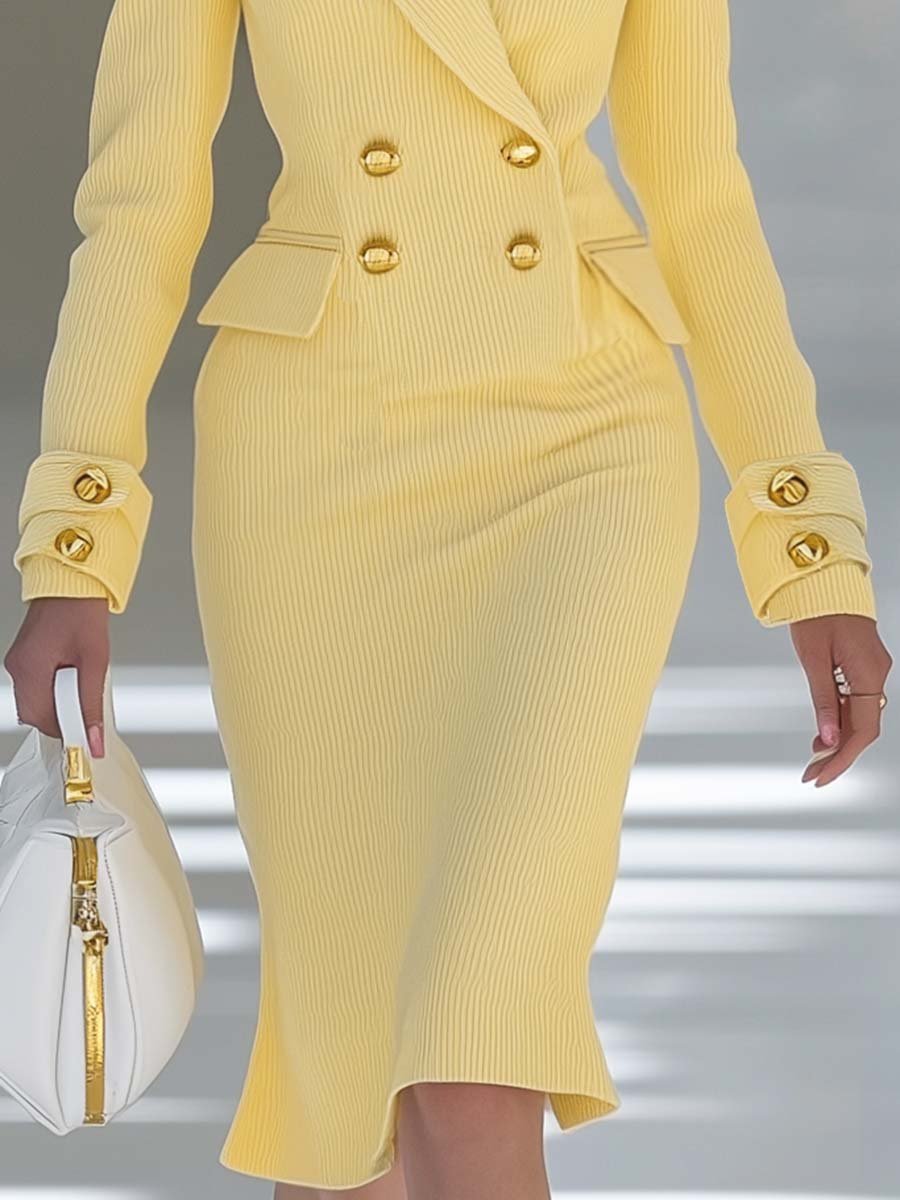 Elegant and Simple V-neck Light Yellow Knitted Midi Dress - By Qivii