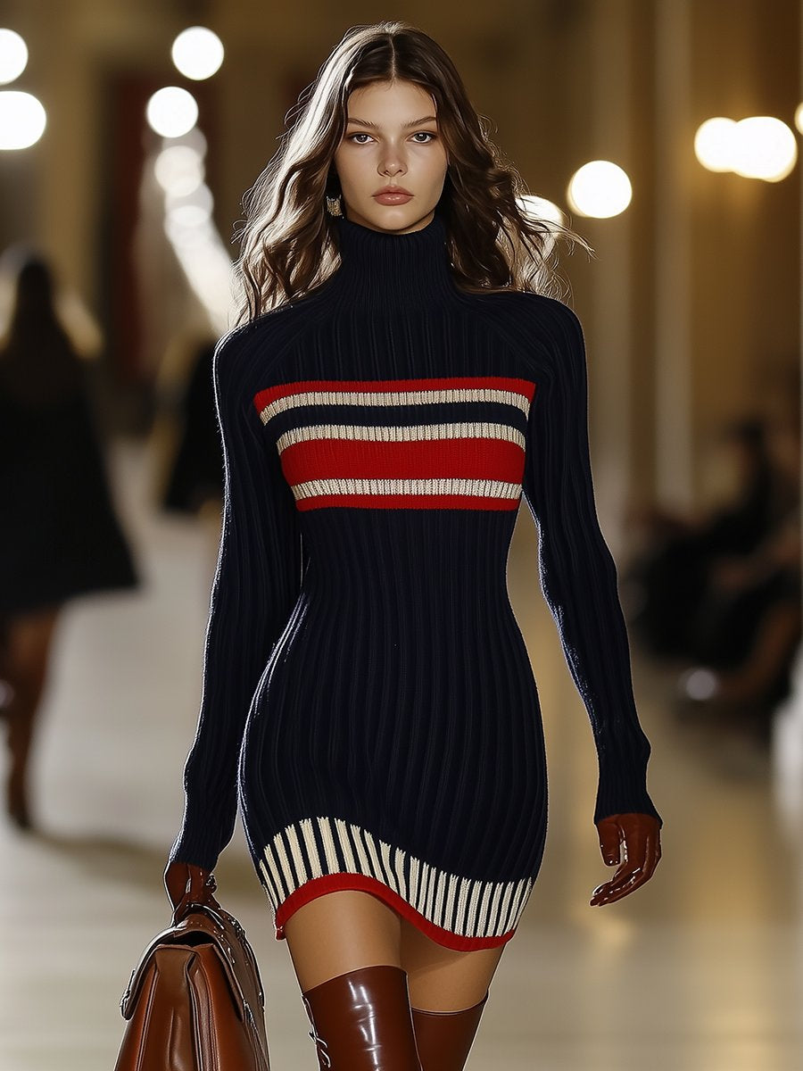 Retro French Elegant Fashionable High Collar Red And White Striped Dress - By Qivii