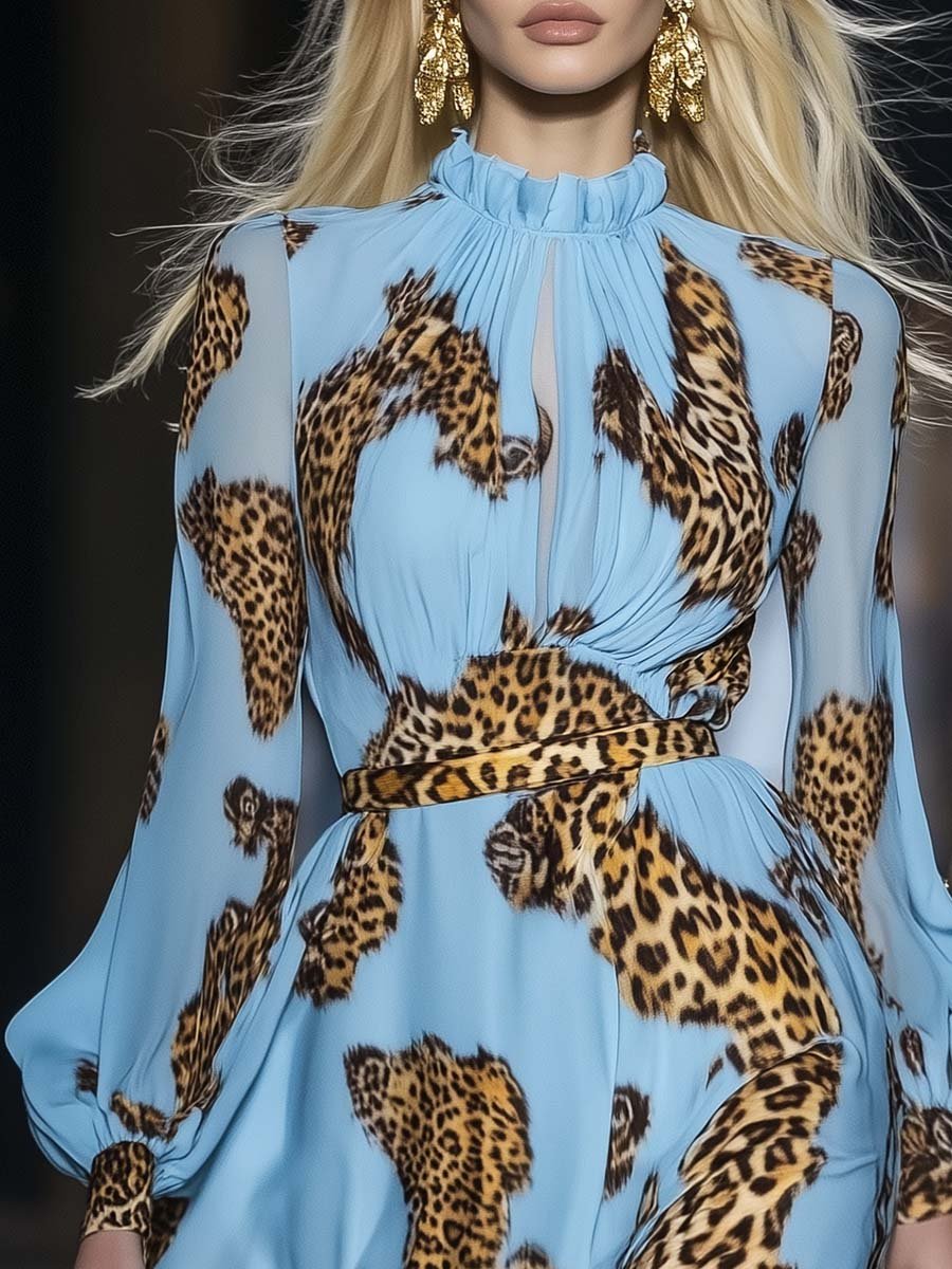 Elegant Personality Leopard Print Sky Blue Chiffon Mini Dress - By Qivii