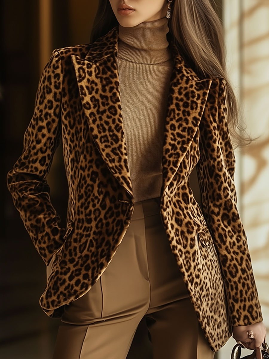 Casual Vintage Velvet Leopard Print Lapel Pocket Blazer - By Qivii