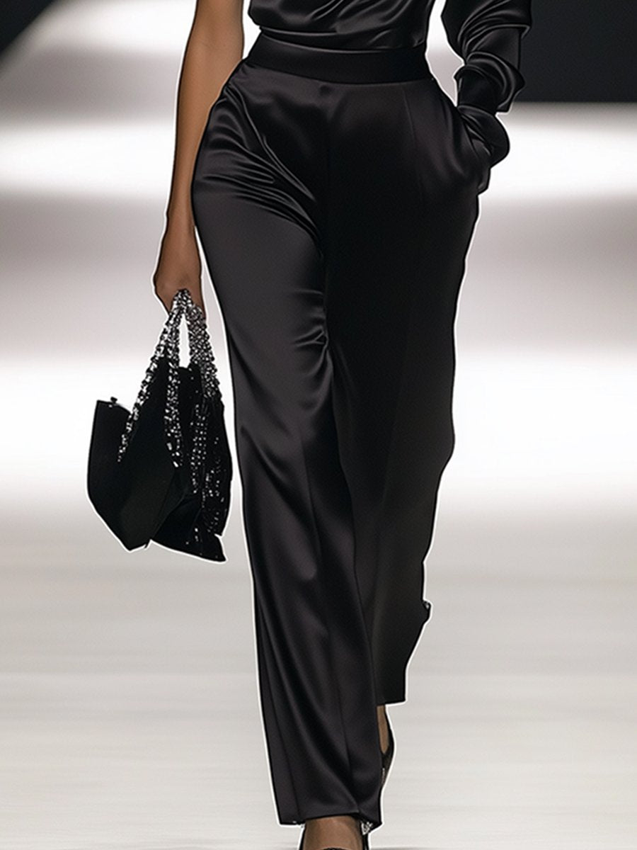 Elegant Off-the-shoulder Satin Long-sleeved Jumpsuit - By Qivii