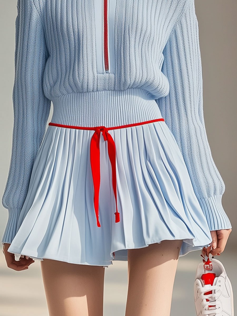 Casual Fashion Stand Collar Zipper Knitted Sweater Culotte Sports Set - By Qivii