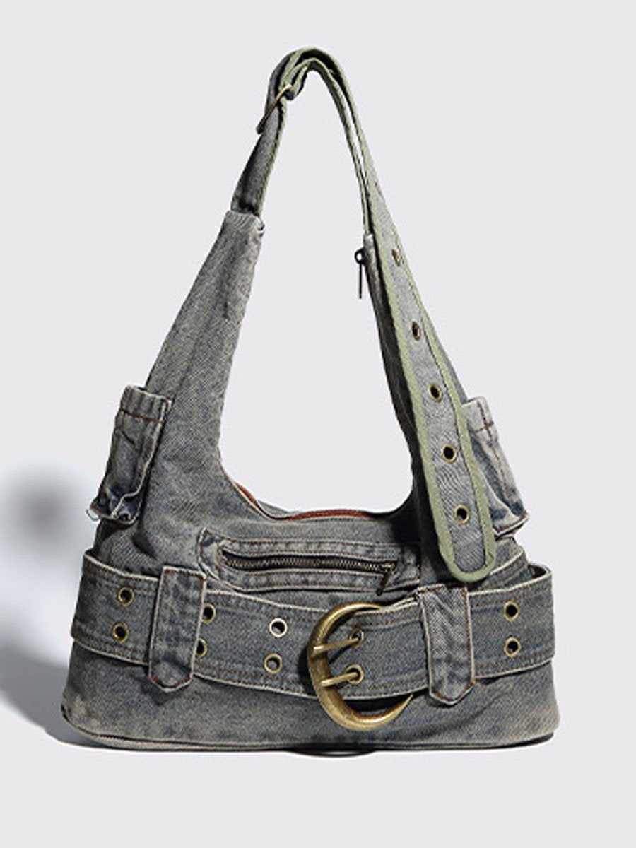 Vintage Washed Denim Shoulder Crossbody Underarm Bag - By Qivii