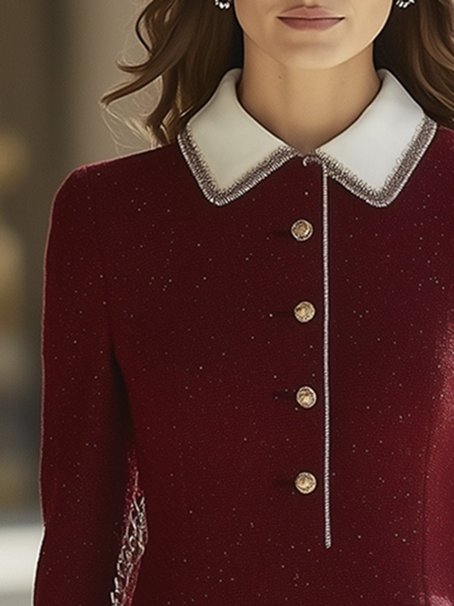 High-End Retro Luxury Contrast Hem Lapel Dress - By Qivii