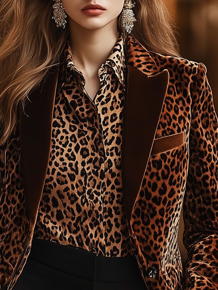 Casual Loose Retro Velvet Leopard Print Collar Blazer - By Qivii