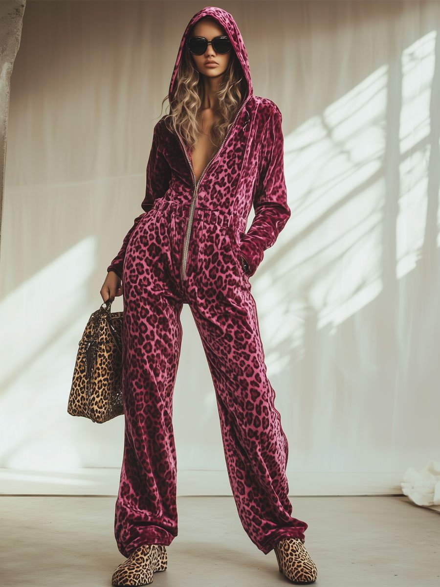 Casual Loose Retro Pink Velvet Leopard Print Elastic Waist Zipper Hooded Jumpsuit - By Qivii