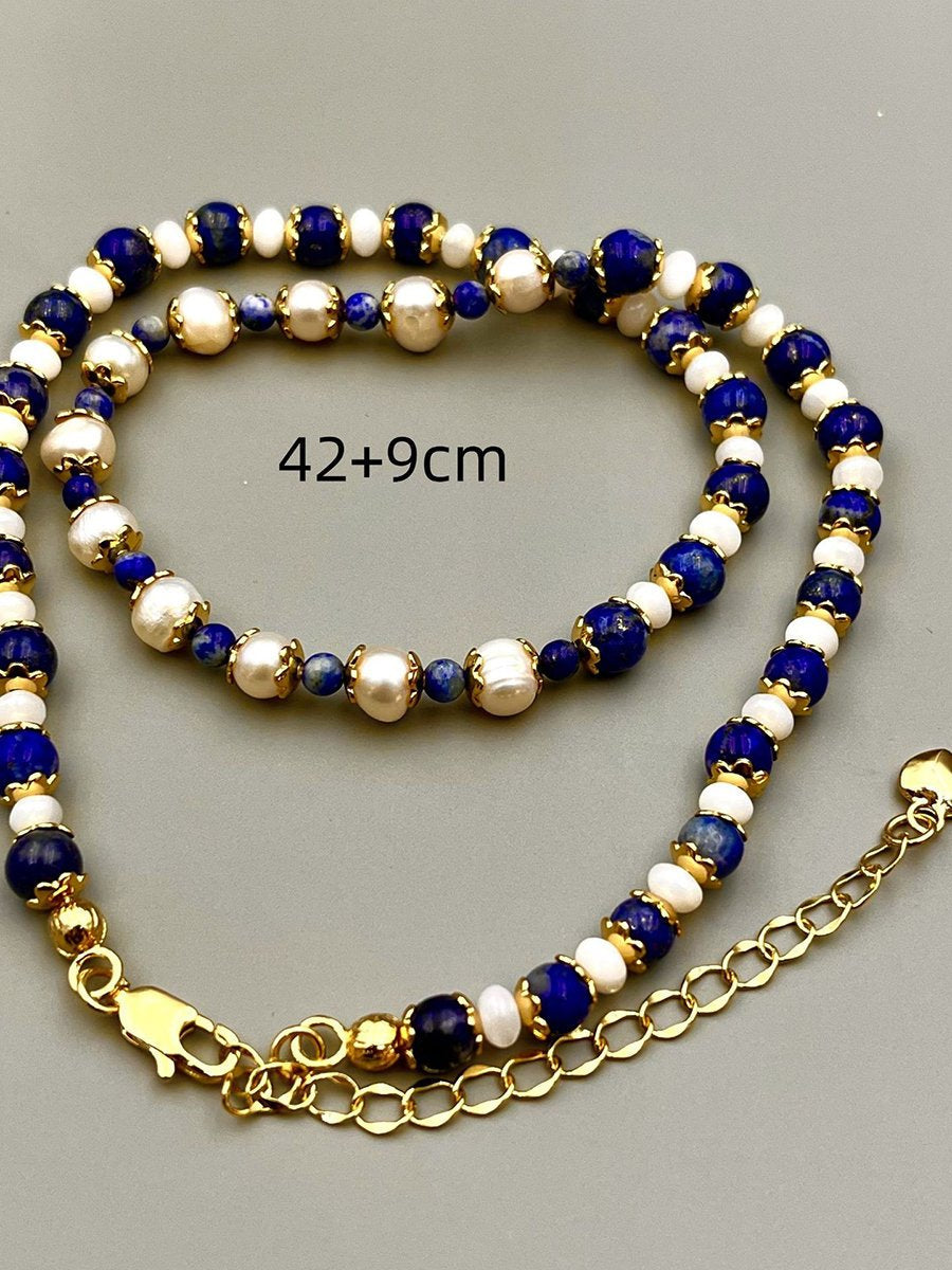 Vintage Natural Lapis Lazuli Pearl Fashion Necklace - By Qivii