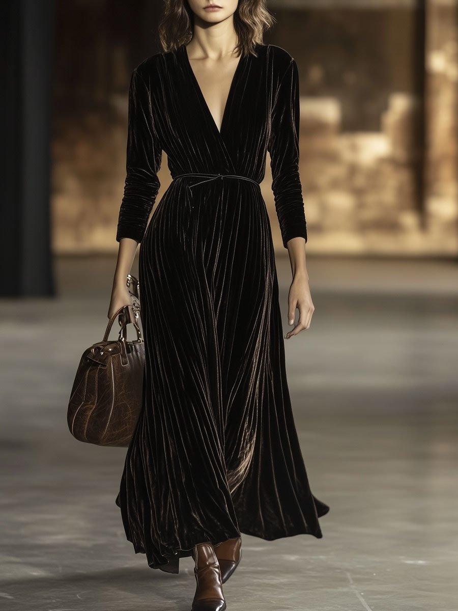 V-Neck Retro Solid Color Belted Velvet Long-Sleeved Maxi Dress - By Qivii