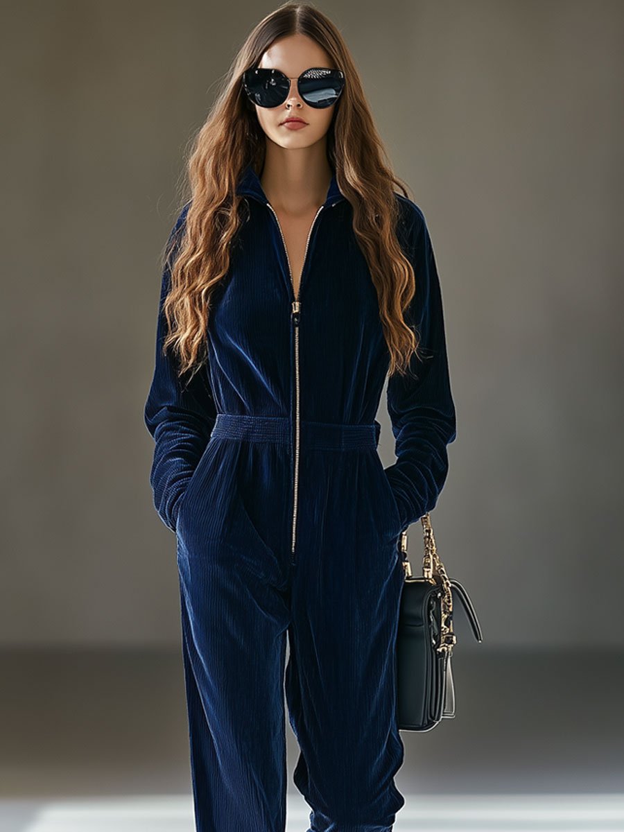 Casual Loose Vintage Corduroy Elastic Waist Zipper Jumpsuit - By Qivii