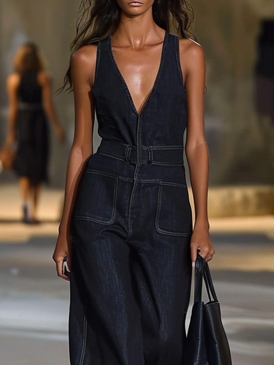 V-Neck Retro Casual Loose Sleeveless Wide-Leg Denim Jumpsuit - By Qivii