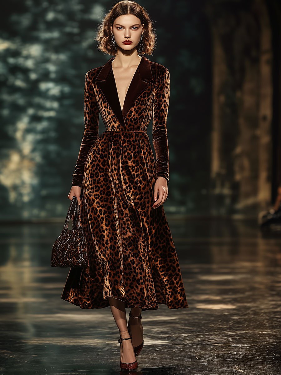 Lapel Fashion Party Leopard Print Velvet Long Sleeve Midi Dress - By Qivii