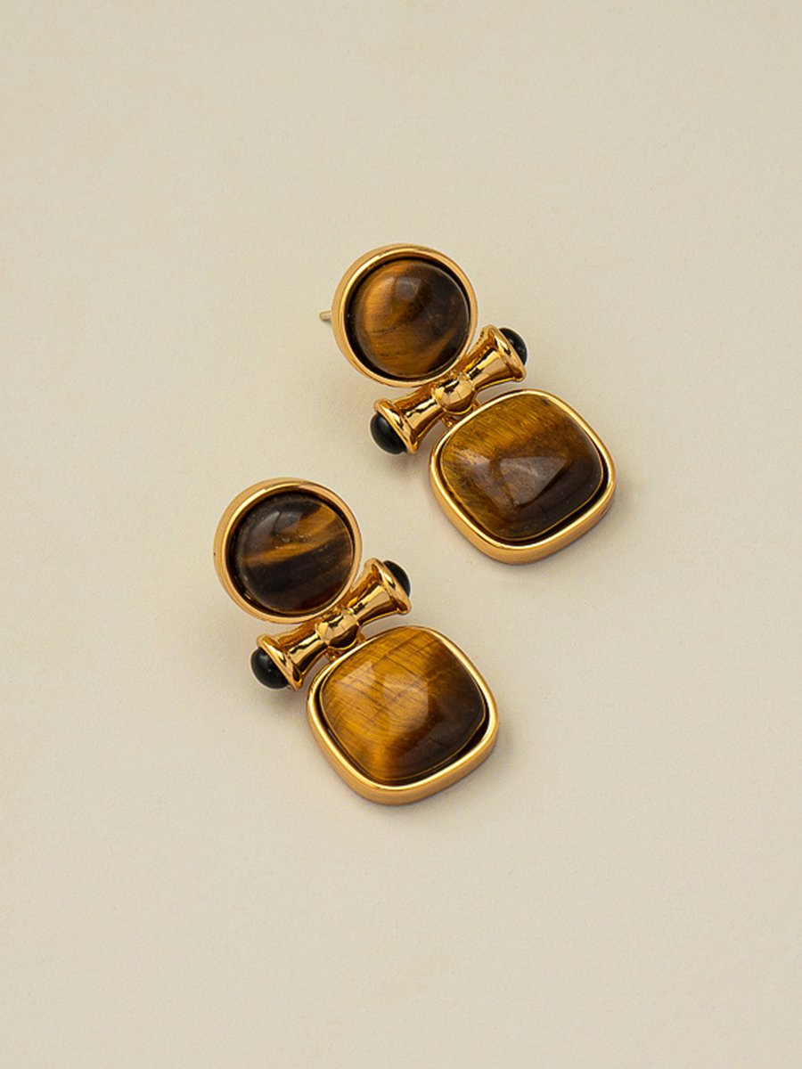 Retro Light Luxury High-end Natural Tiger Eye Stone Earrings - By Qivii