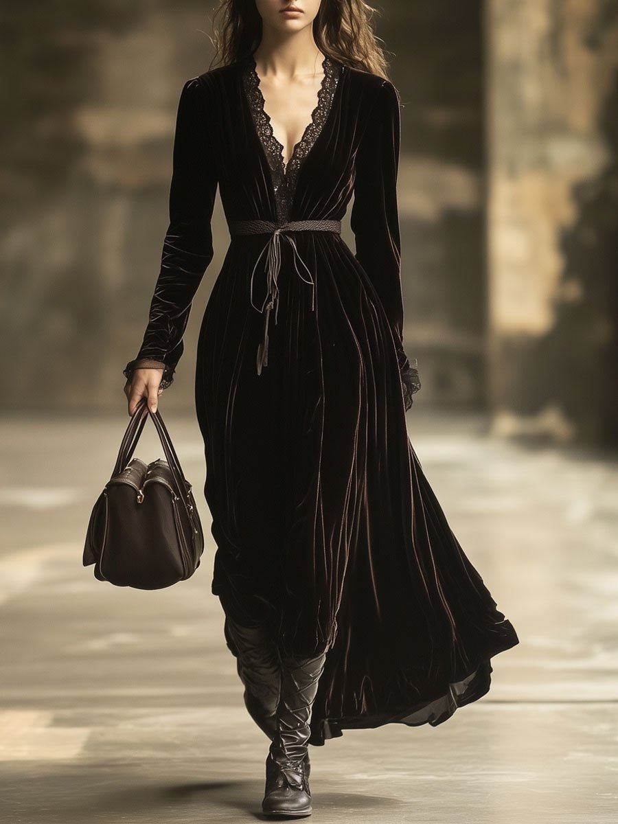 V-Neck Lace Panel Solid Velvet Long-Sleeved Maxi Dress - By Qivii