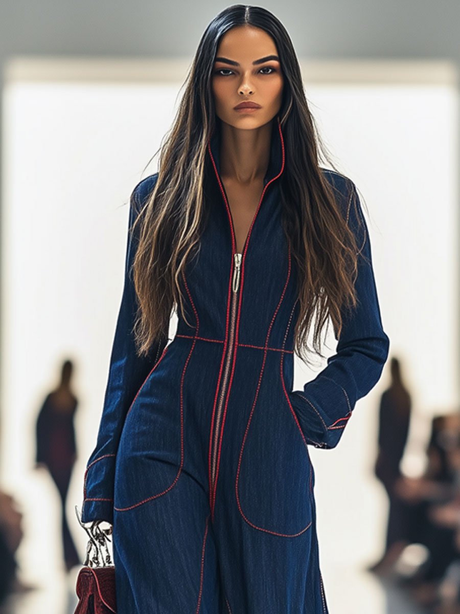 Casual Loose Retro Red Topstitched Denim Wide Leg Long Sleeve Jumpsuit - By Qivii