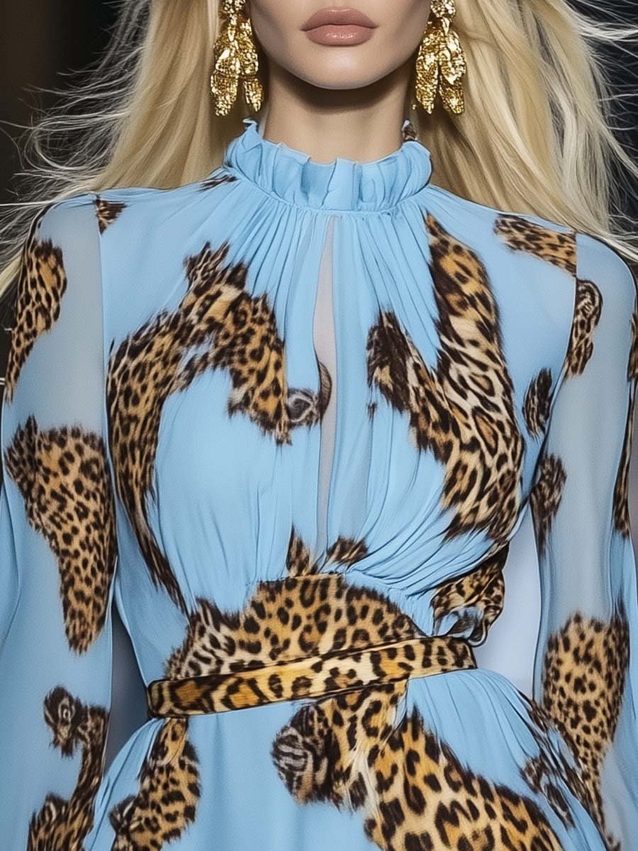 Elegant Personality Leopard Print Sky Blue Chiffon Mini Dress - By Qivii