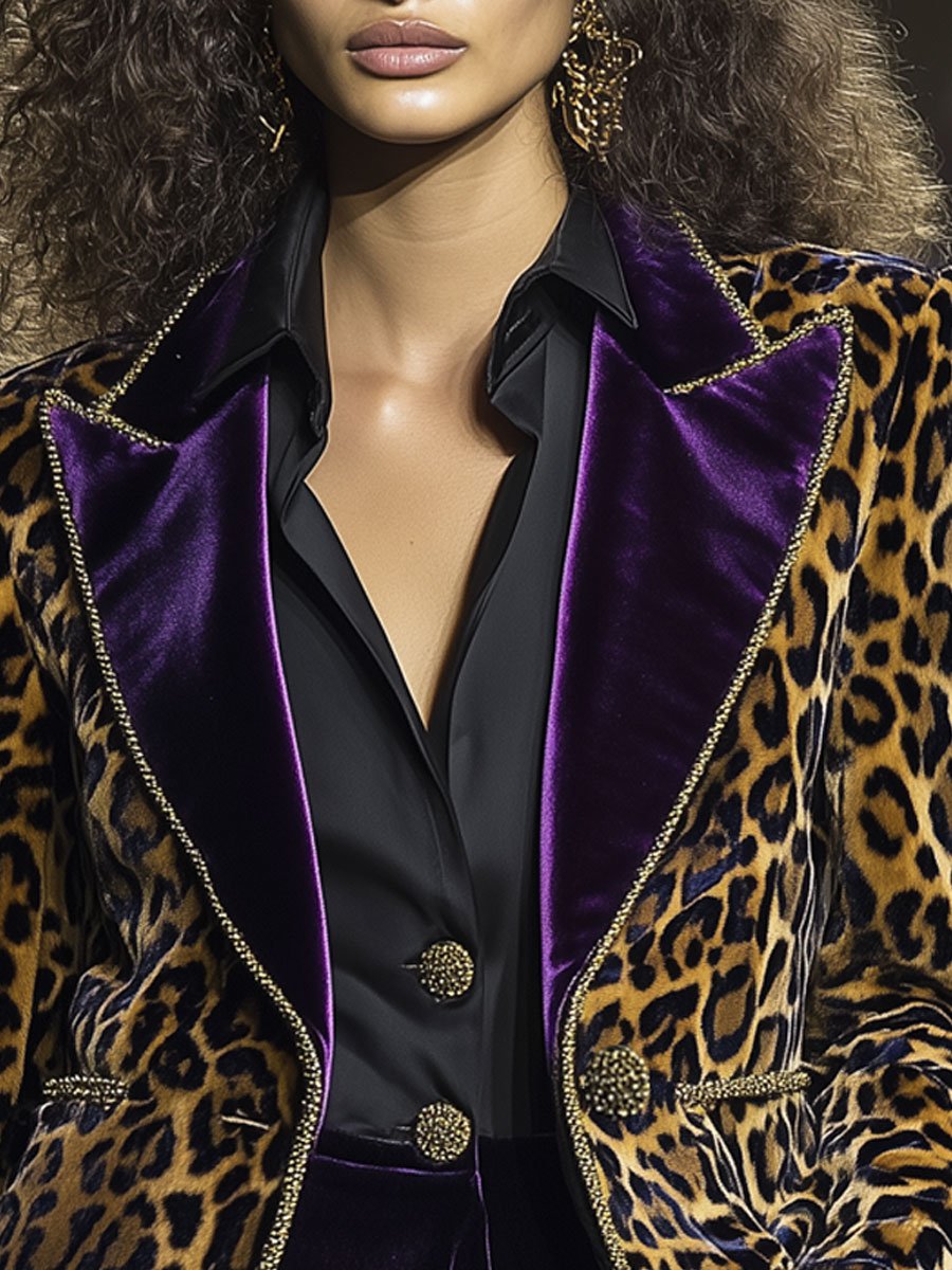 Casual Vintage Velvet Leopard Print Contrast Lapel Blazer - By Qivii