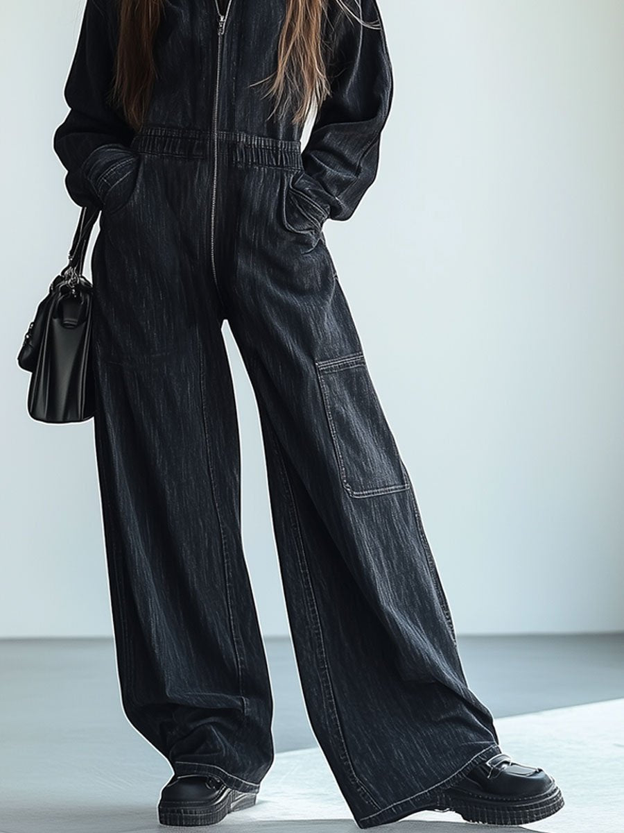 Casual Loose Retro Denim Zipper Elastic Waist Lapel Long Sleeve Jumpsuit - By Qivii